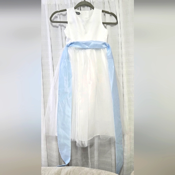 White Flower Girl Dress with Blue Sash - Picture 1 of 5